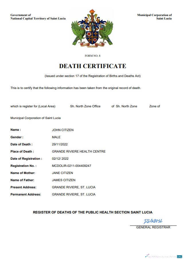 Download Saint Lucia death certificate Word and PDF template Photoshop template